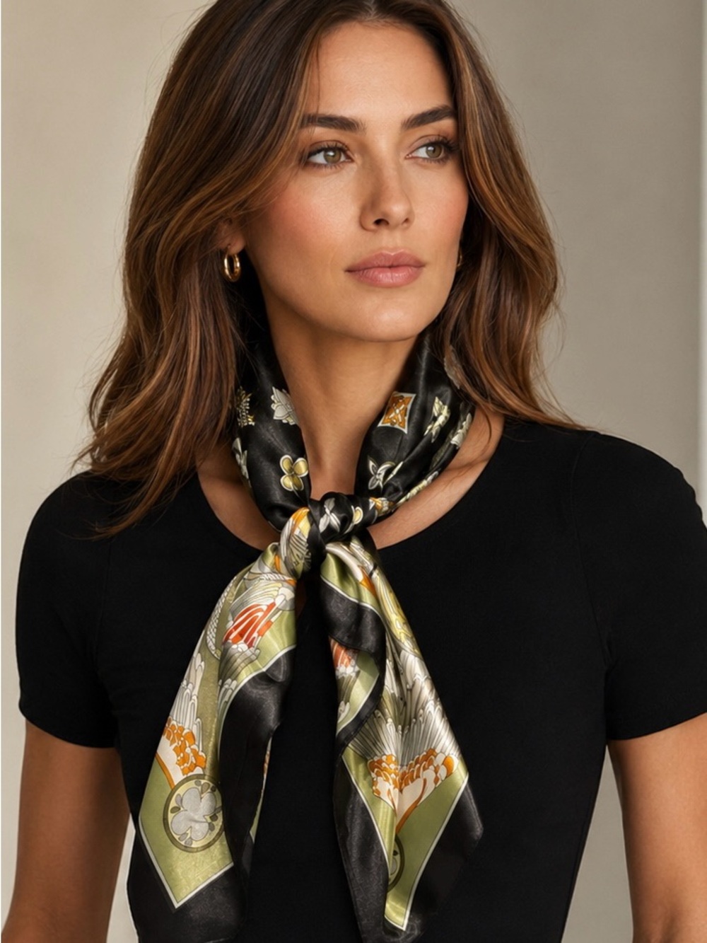 Elegant Olive & Black Satin Square Scarf - Luxe Printed Wrap - Picture 2 of 5